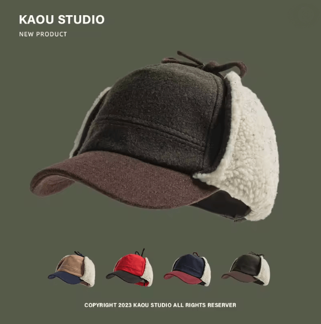Retro Wool Bomber Hat With Ear Flaps Plush Thermal Winter Cap d