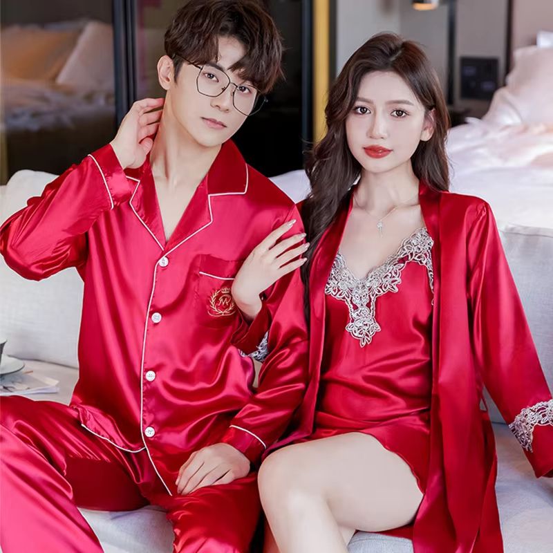 Luxury Silk Satin Couples Nightwear Set Women Sexy Nightdress With Men Long Sleeve Pants & Robe Sleepwear red men Us M Xl (132154 Lbs)
