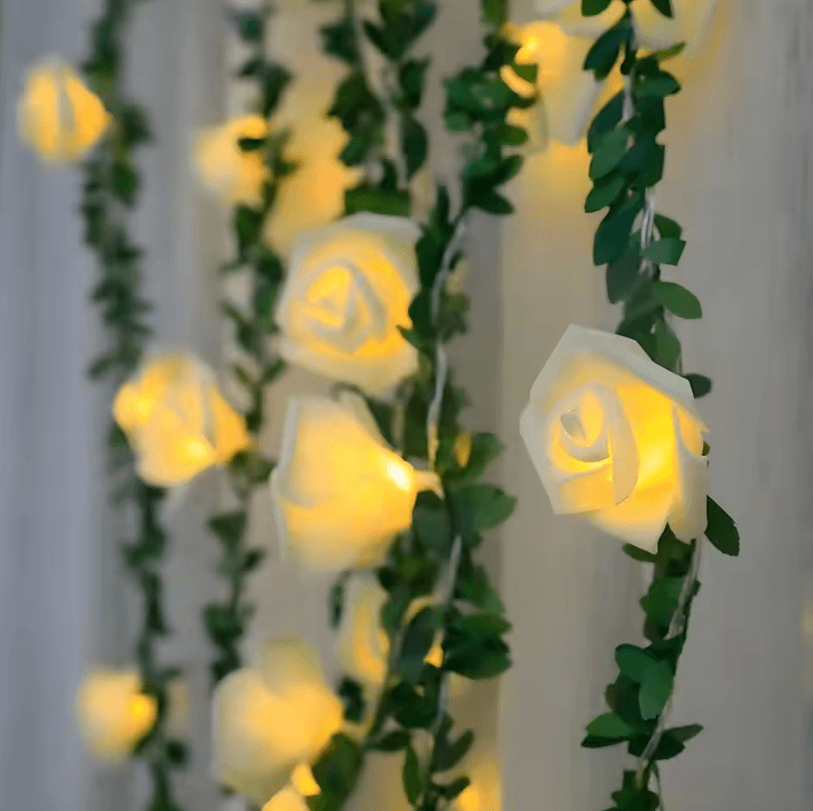 EverBloom 10 20 LED Rose String Lights Battery Operated Artificial Ivy Garland For Party & Home Decor white Rose 10 Leds