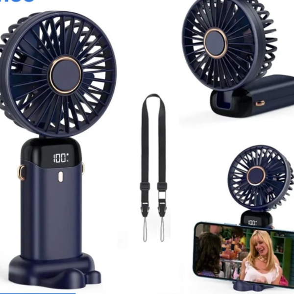 Portable Handheld Mini Fan Speed USB Rechargeable, Foldable Desk & Neck Hanging Fan With Phone Stand Display green