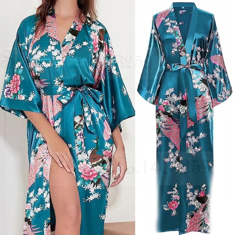 Large Size Peacock Print Kimono Bathrobe Elegant Flower Satin Long Robe & Loose Loungewear Nightgown navy Blue B m