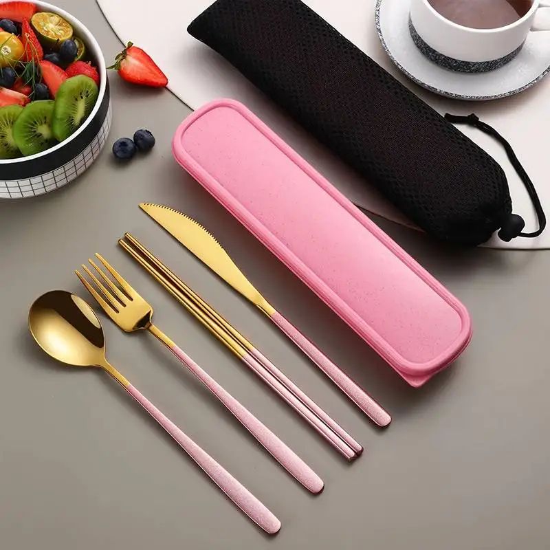 4 Pcs Stainless Steel Cutlery Set With Storage Box Portable Tableware For Home & Travel black