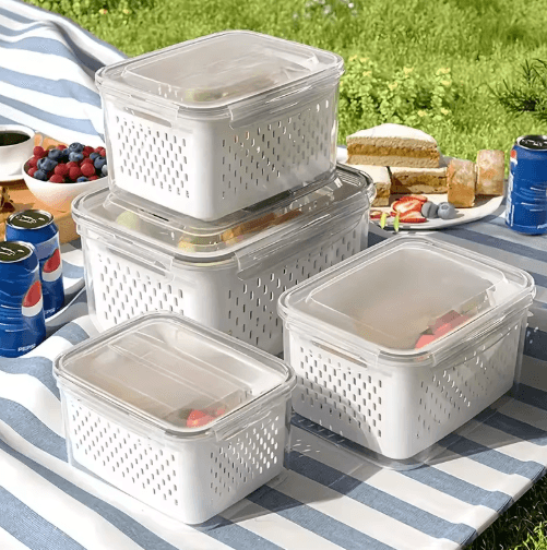 9 Piece Leak Proof Food Storage Container Set With Drain Baskets And Lids clear