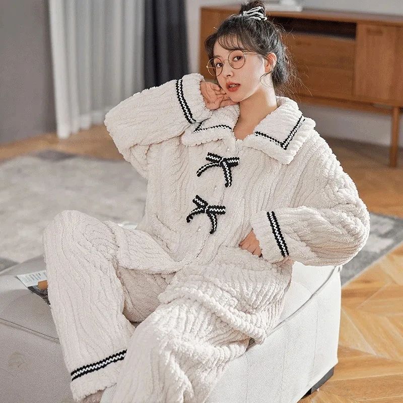 Women Autumn Winter Thick Warm Pajama Set 2 Pieces white l(us 8)