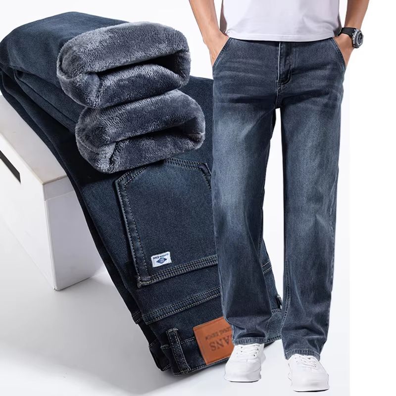 Men's Winter Warm Fleece Lined Stretch Jeans Casual Business Trousers dark Blue Fleece 33