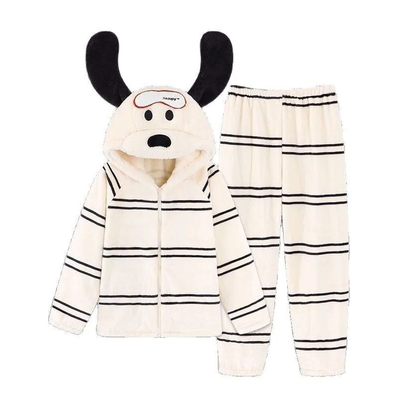 Womens Cartoon Puppy Hooded Coral Fleece Pajama Set Warm Winter Loungewear white l