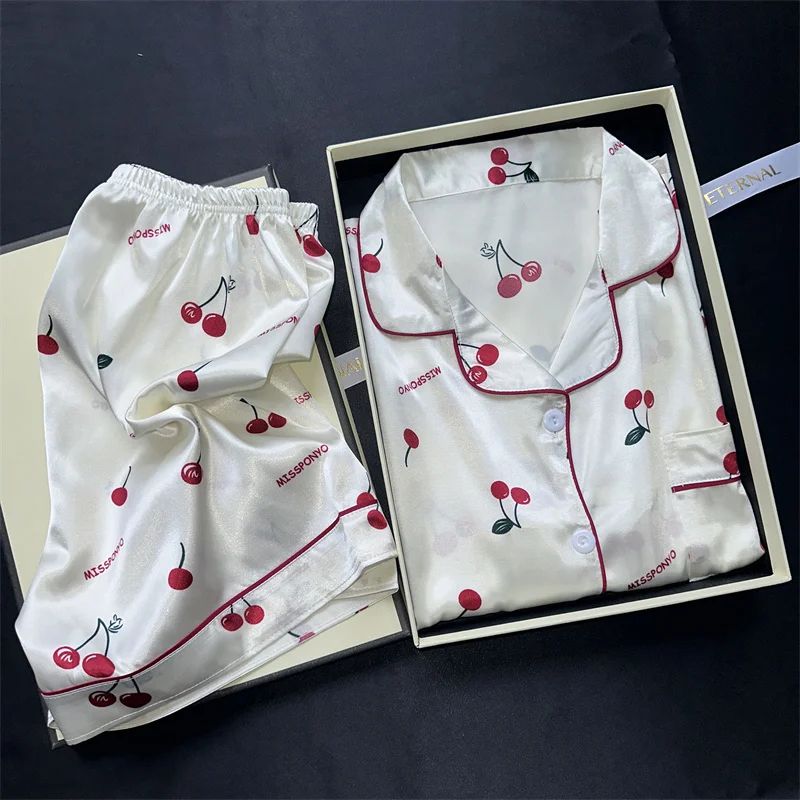 Women Cherry Print Satin Style Pajama Set With Top And Shorts h m