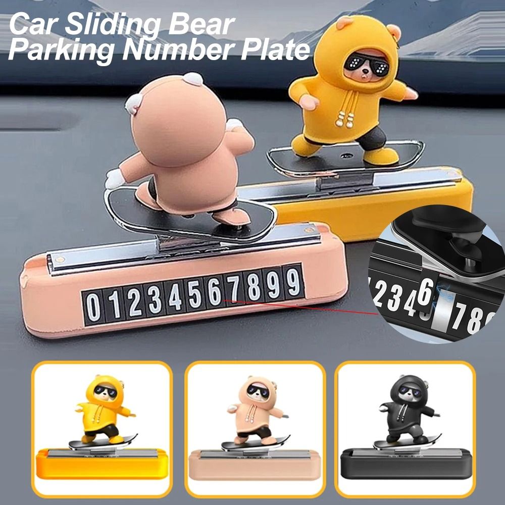 Creative Skateboard Bear Dashboard Ornament & Magnetic Parking Plate yellow No Number