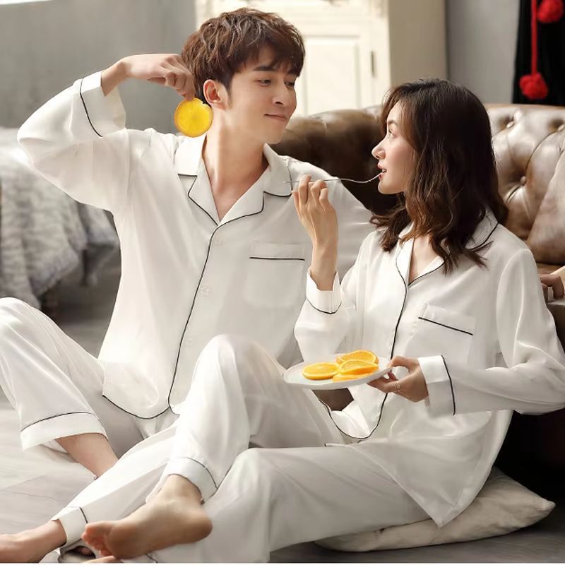 Silk Satin Couples Pajama Set Luxury Long Sleeve Button Down Sleepwear For Women And Men black F 3xl