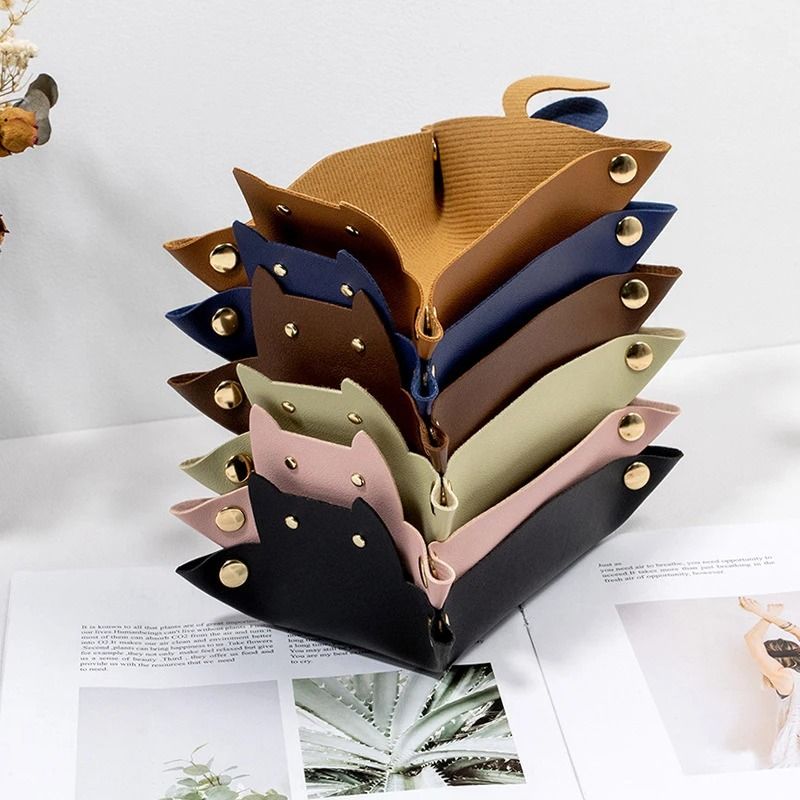 PU Leather Cat Shape Storage Tray Desktop Jewelry Organizer pink