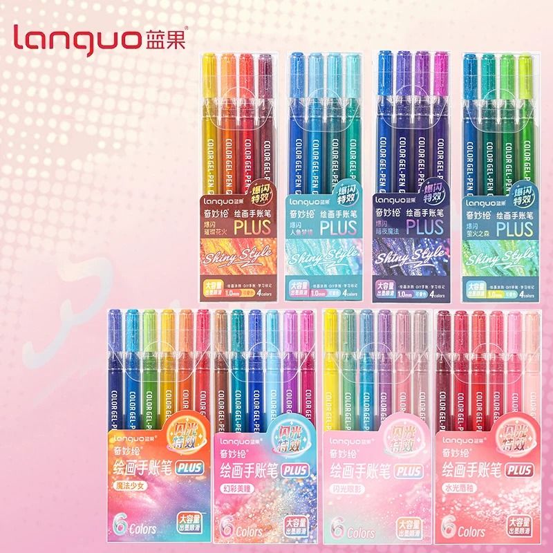 Languo 1.0mm Glitter Effects Color Gel Pen Set Premium Highlighting & Handbook Stationery For Students 6 Colors C