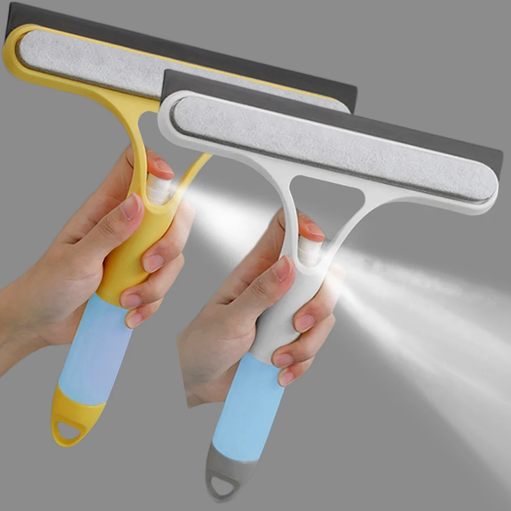 Multi Function Glass Window Wiper With Microfiber Scrub, Spray Bottle And Squeegee For Household And Car Cleaning yellow