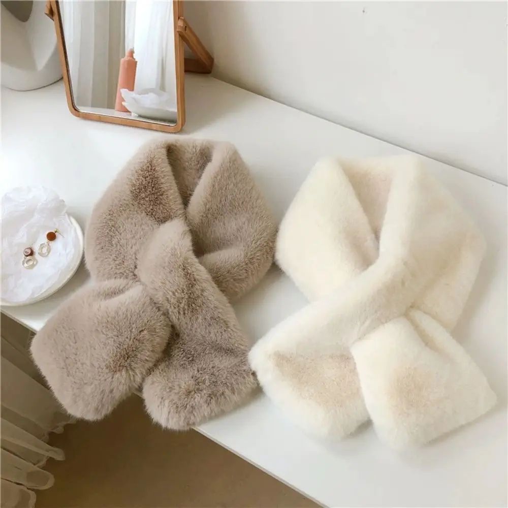Plush Cross Faux Rabbit Fur Scarf For Women Soft Winter Neck Warmer Collar rose Red