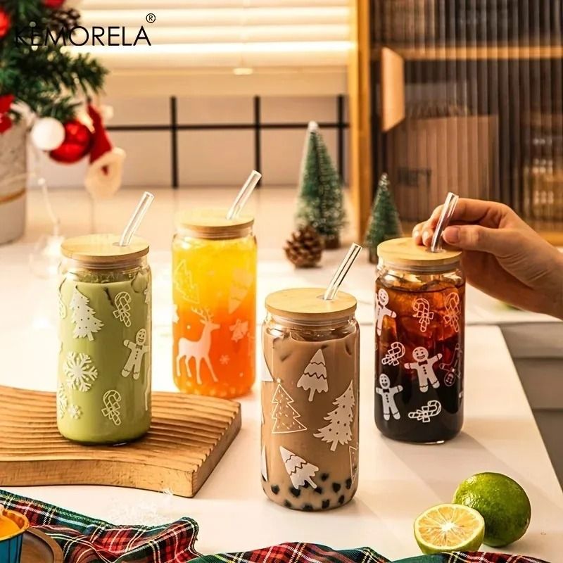 Christmas Glass Cup Beer Can Coffee Mug High Performance 16oz Holiday Tumbler With Lid & Straw d