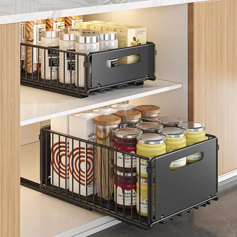 Pull Out Cabinet Organizer Basket For Kitchen & Bathroom, Slide Out Storage For Spices And Supplies 2pcs Small