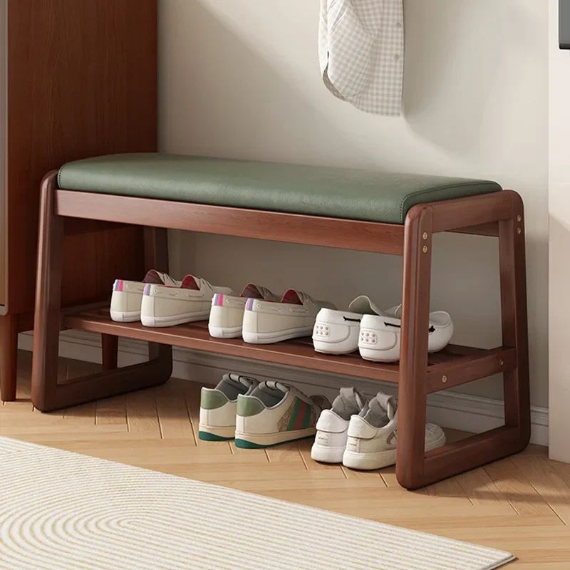 Rattan Woven Shoe Bench With Solid Wood Frame Entryway Multi Layer Storage Stool log Color 70cm B