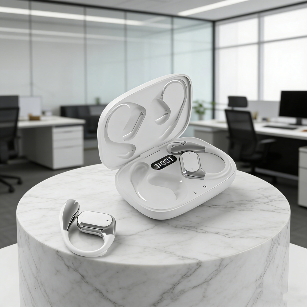 Original TWS Bluetooth Earbuds With Silicone Hanging Hook HD Call & ENC Noise Reduction For Sports & Mobile Phones white