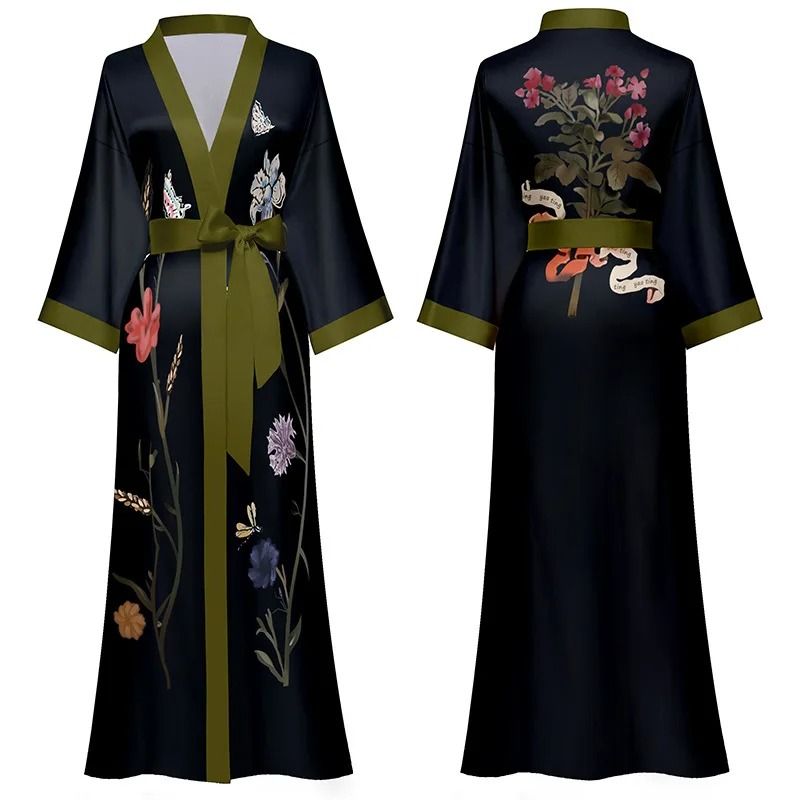 Floral Print Long Kimono Robe & Nightgown Set pink Flower