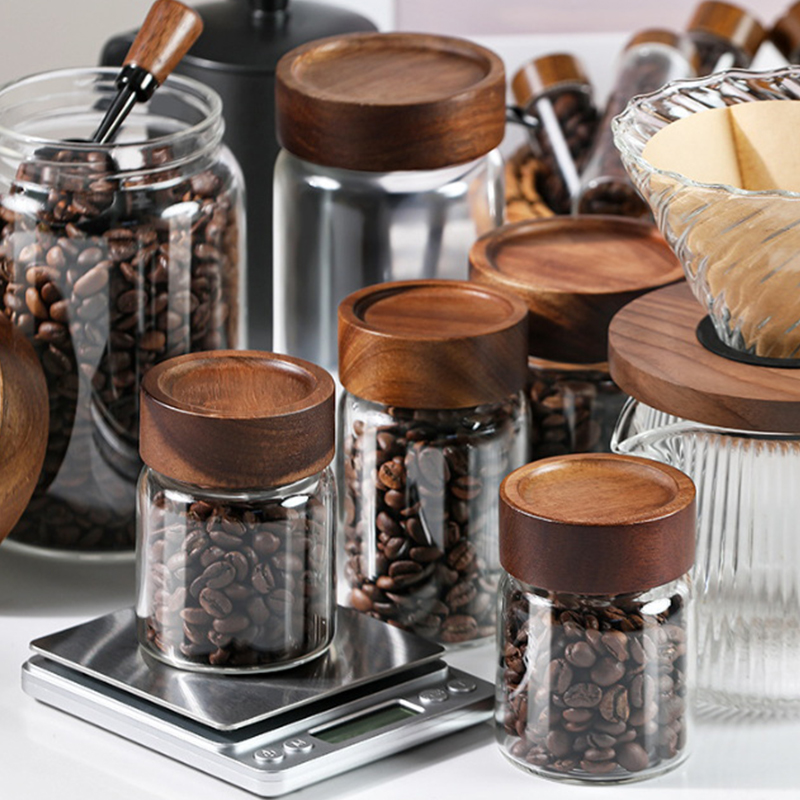 Simple Airtight Glass Canister, Wood Lid Storage Jar, Coffee Beans Storage Container 175ml