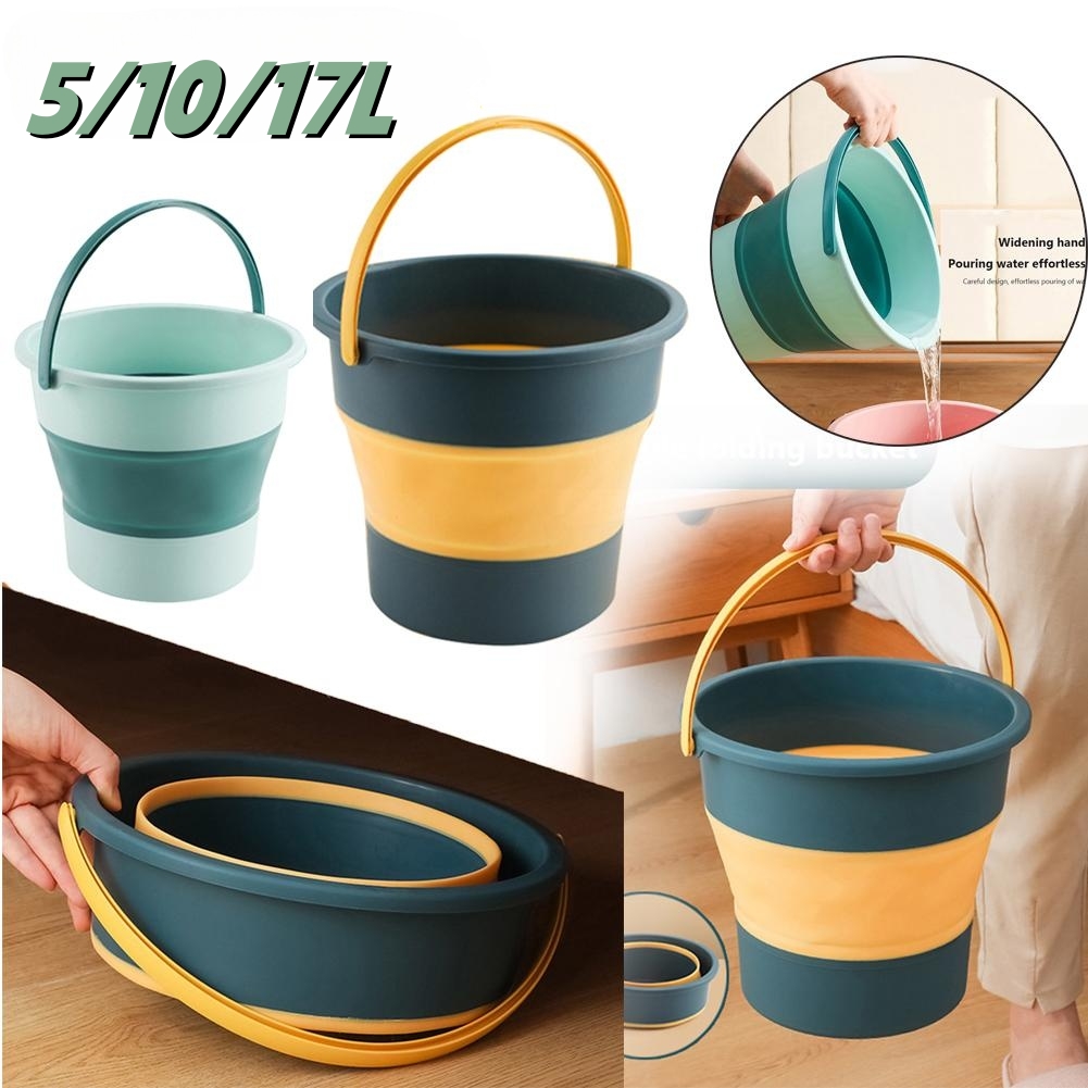 Folding Portable Silicone Bucket With Cover Ideal For Car Wash, Camping & Household Use green 10l