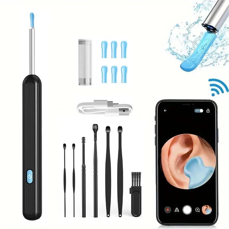 Wireless HD Visual Ear Cleaner With Camera USB Rechargeable Otoscope Wax Removal Tool black