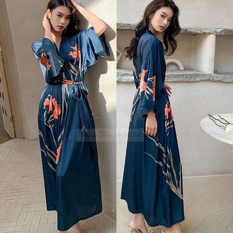 Floral Rayon Kimono Long Bathrobe For Women Spring Summer Loungewear navy Blue Long Robe 1 one Size