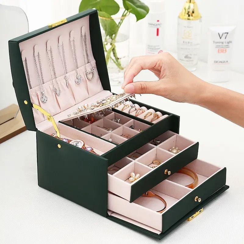 Exquisite Three Layer Leather Jewelry Box Professional Multi Purpose Storage pink