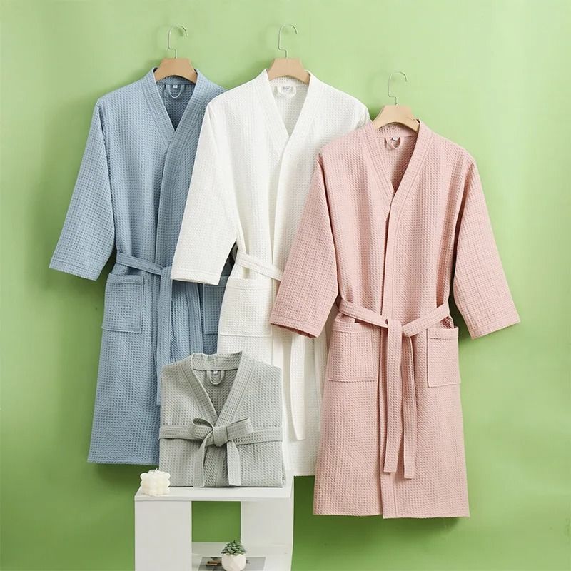 Quick Dry Waffle Weave Bathrobe Lightweight All Season Spa Robe blue l