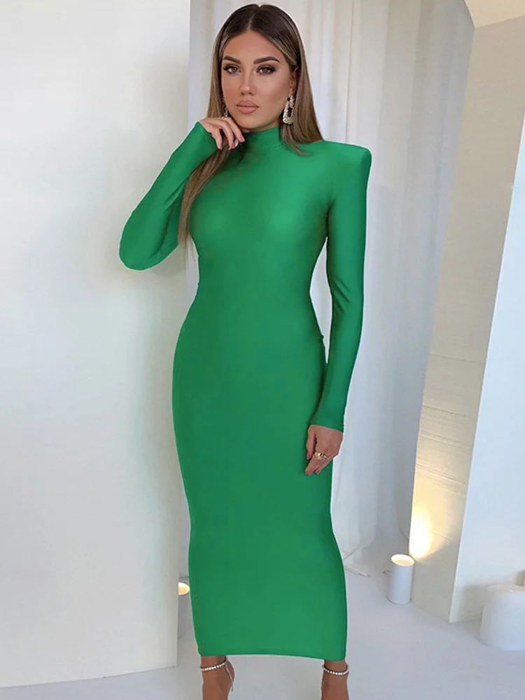 Elegant Green Long Sleeve Bodycon Maxi Dress With Shoulder Pads Party & Club Evening Gown green s