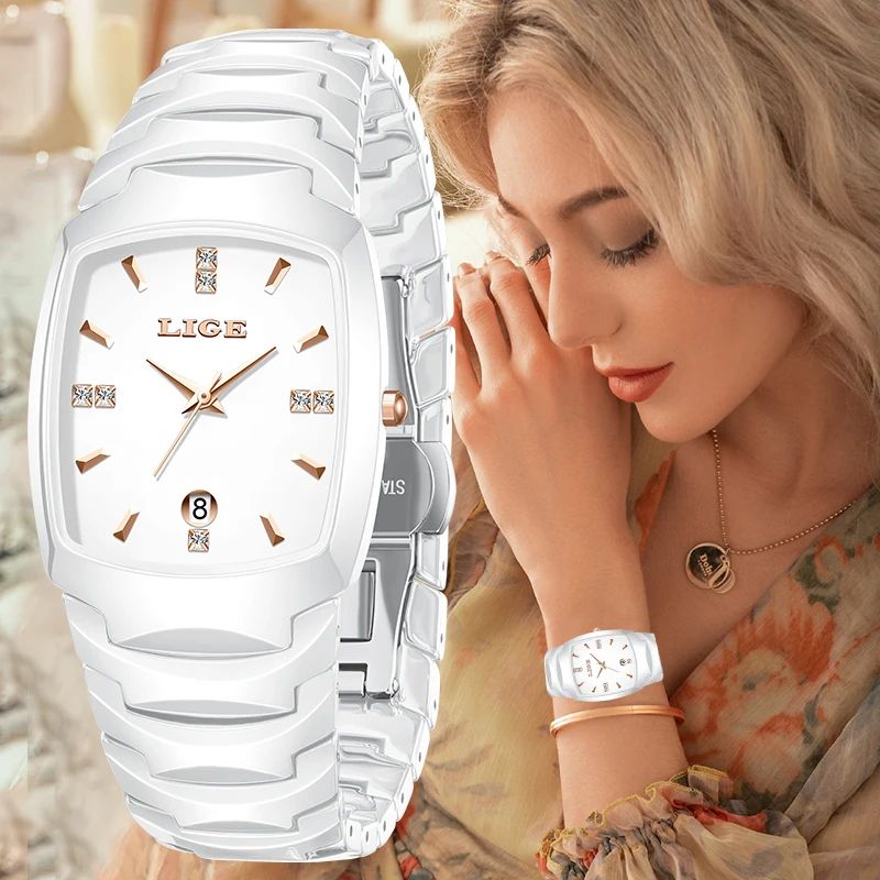 LIGE Elegant Square Women's Quartz Watch Luxury Ceramic Stainless Calendar Ladies Wristwatch gold