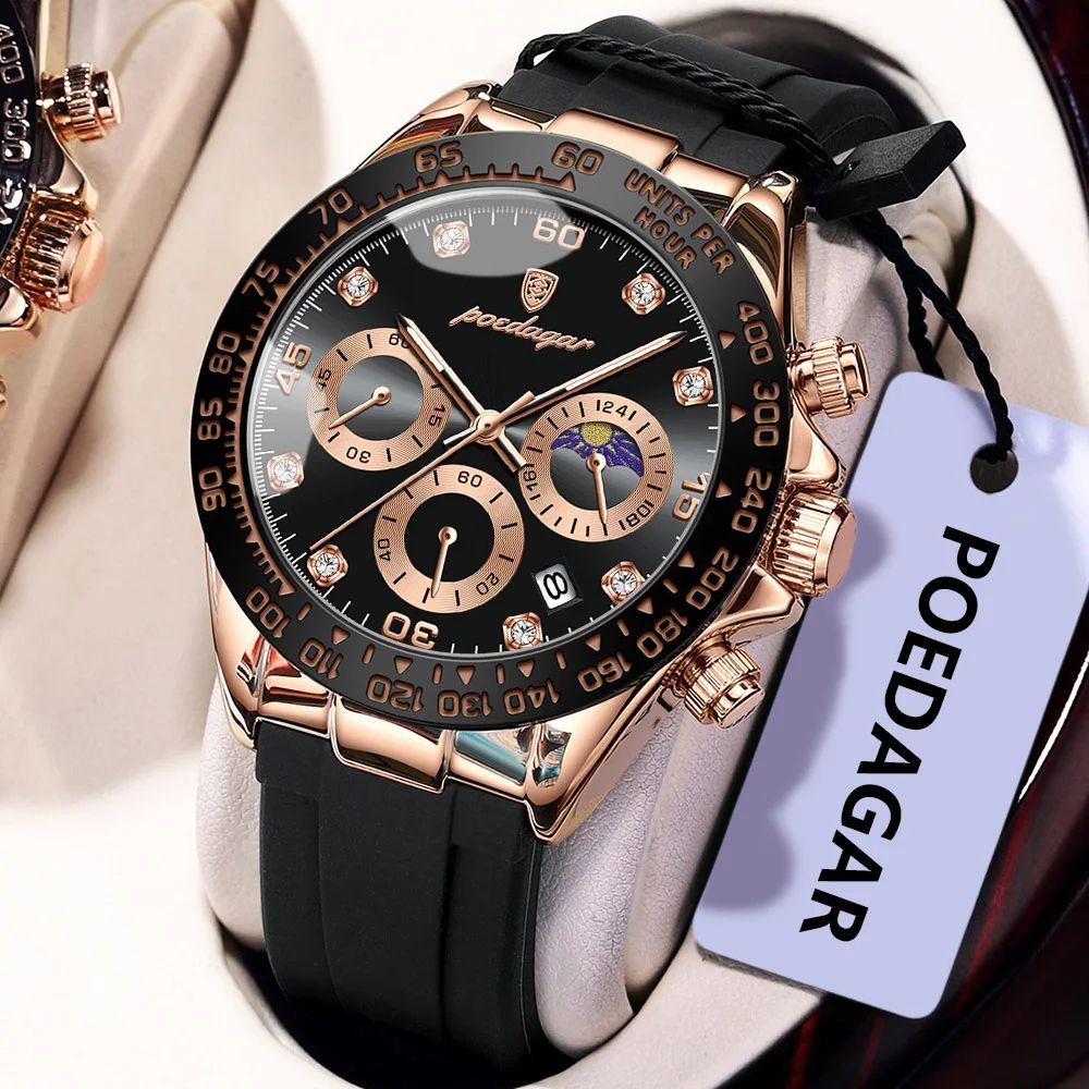 POEDAGAR Luxury Military Chronograph Men's Watch Waterproof Luminous Quartz Wristwatch With Date 629 Rosegold Black C