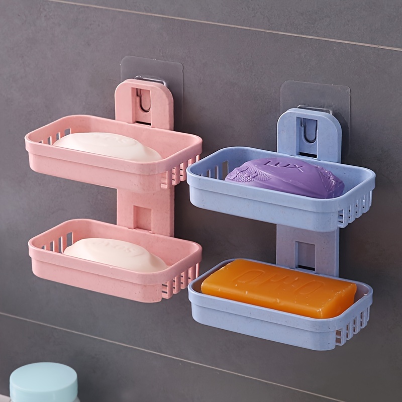 Storage Rack Soap Rack Rack, No Punching Double layer Soap Box, Non marking Paste pink