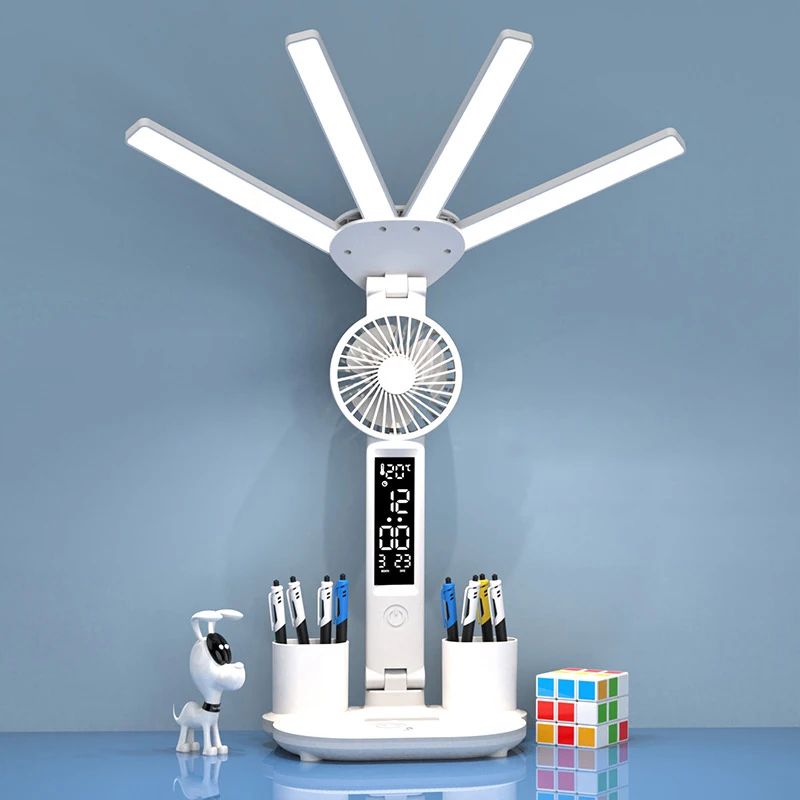 Rechargeable LED Desk Lamp With Fan And Clock Display fan Plug In