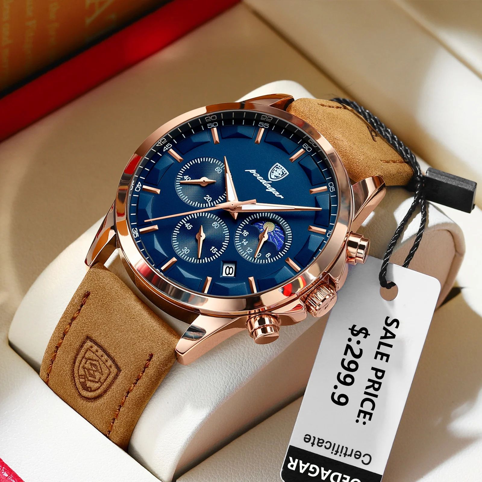 POEDAGAR 928L 2 Sports Luxury Men's Quartz Chronograph Watch With Luminous Date & Leather Strapwatch rose Gold Blue