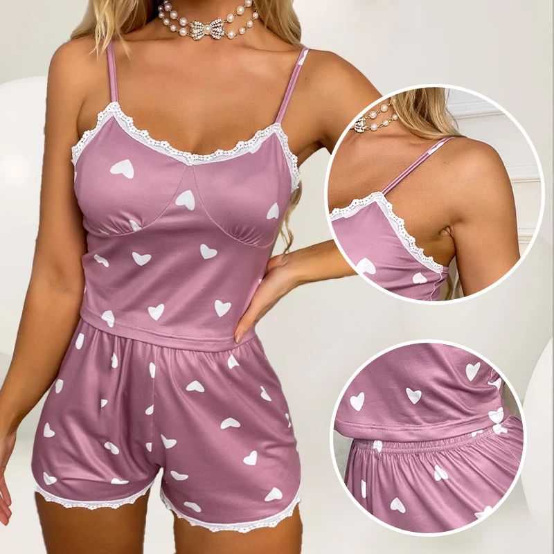 Women V Neck Lace Print Cami And Shorts Pajama Set pink m