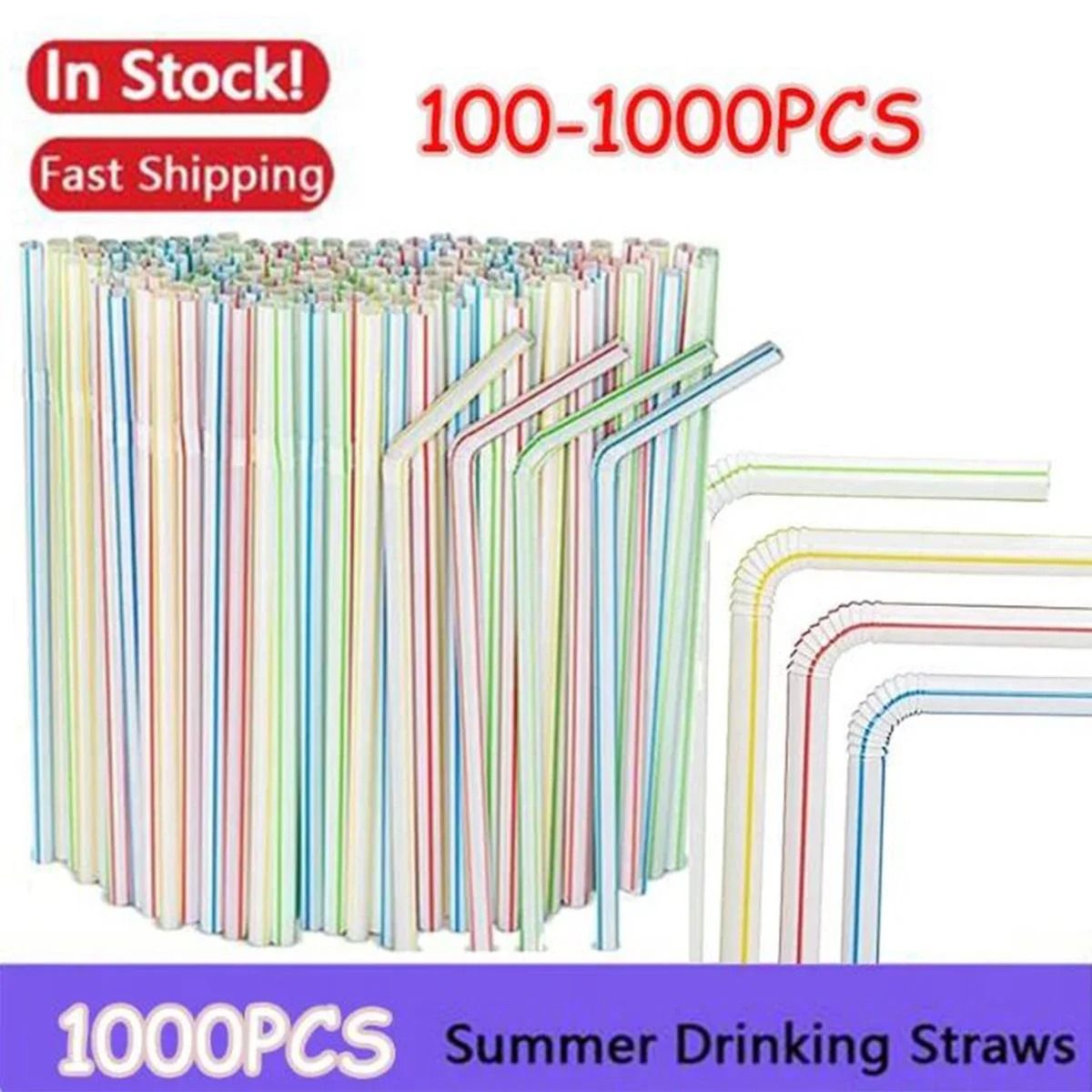 Multicolor Fluorescent Straws | Bendable Drinking Straws For Wedding Decor & Party Supplies stripe 300 Pcs