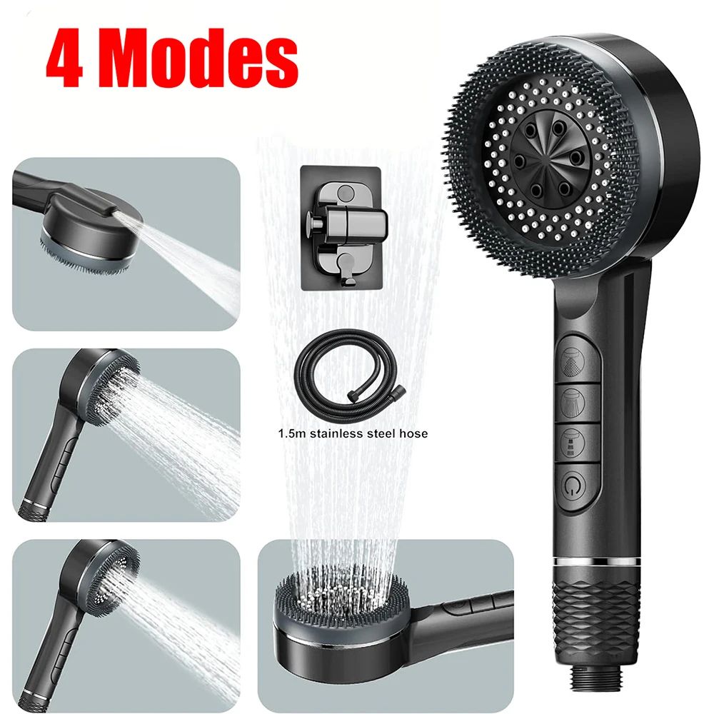 High Pressure Shower Head With Self Cleaning Silicone Brush & 4 Spray Modes silver Set