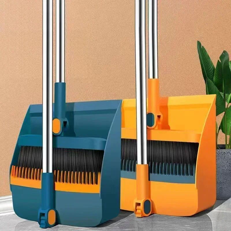 Foldable Broom And Dustpan Set, Stand Up Broom And Dustpan Set For Fast Everyday Sweeping rotating Yellow
