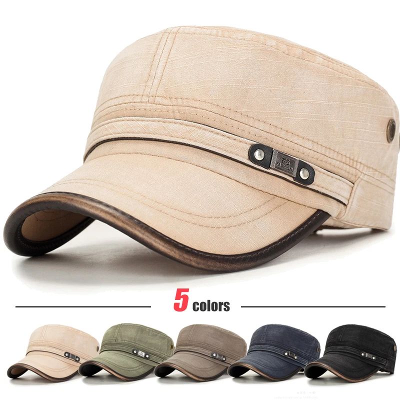 Distressed Washed Cotton Cadet Flat Cap With Leather Binding beige