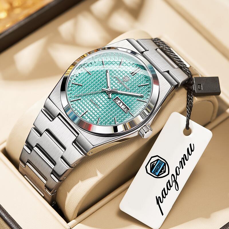 Luxury Men Clock Fashion, Waterproof Chronograph Date Watch, Original Luminous Leather Quartz Watch For Men silver Blue