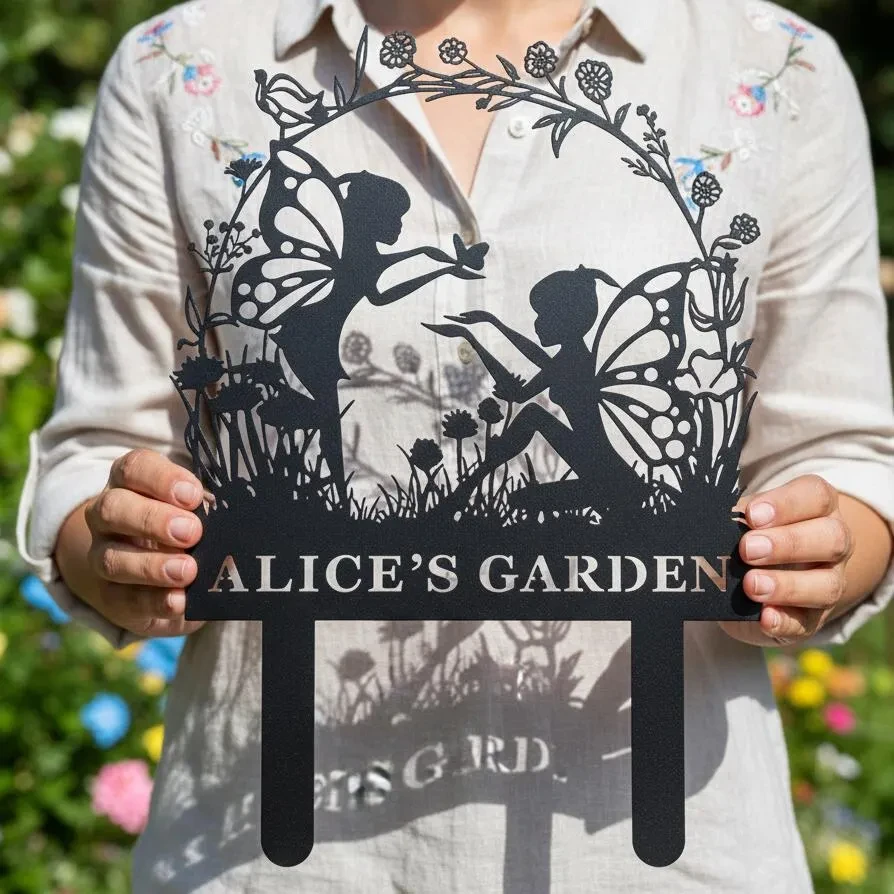 Piquet de nom de jardin en métal personnalisé, panneau de jardin Floral personnalisé, piquet de nom de jardin extérieur, piquet en métal cadeau de jardin