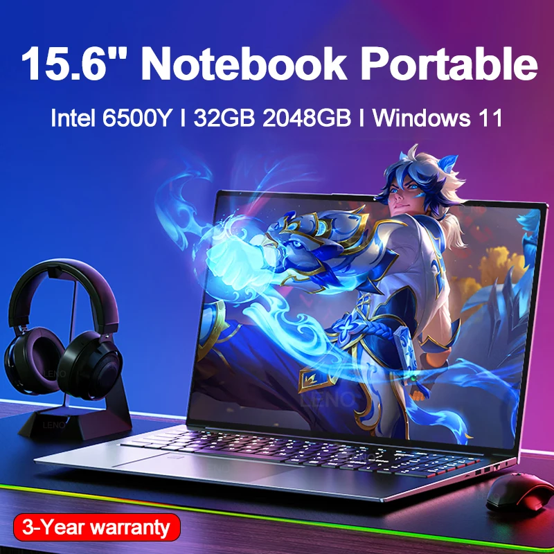 LENO Großbildschirm 15,6" Laptop 32GB RAM 2TB SSD Intel 6500Y Office Windows11 Notebook 5000mAh Gamer-PC mit Hintergrundbeleuchtung und Fingerabdrucksensor Image