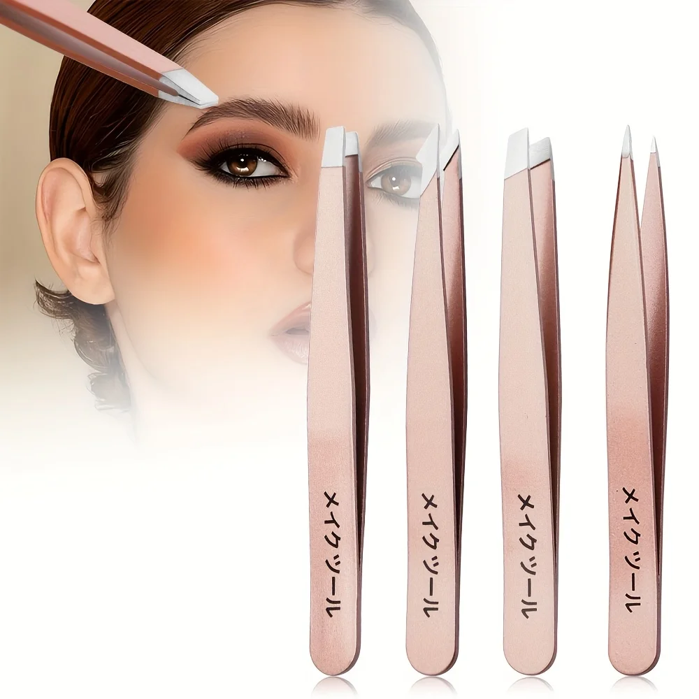 4-teiliges Präzisions-Edelstahl-Pinzetten-Set für Augenbrauen | Spitze und abgewinkelte Spitzen zur Gesichtshaarentfernung und gegen Mitesser Image