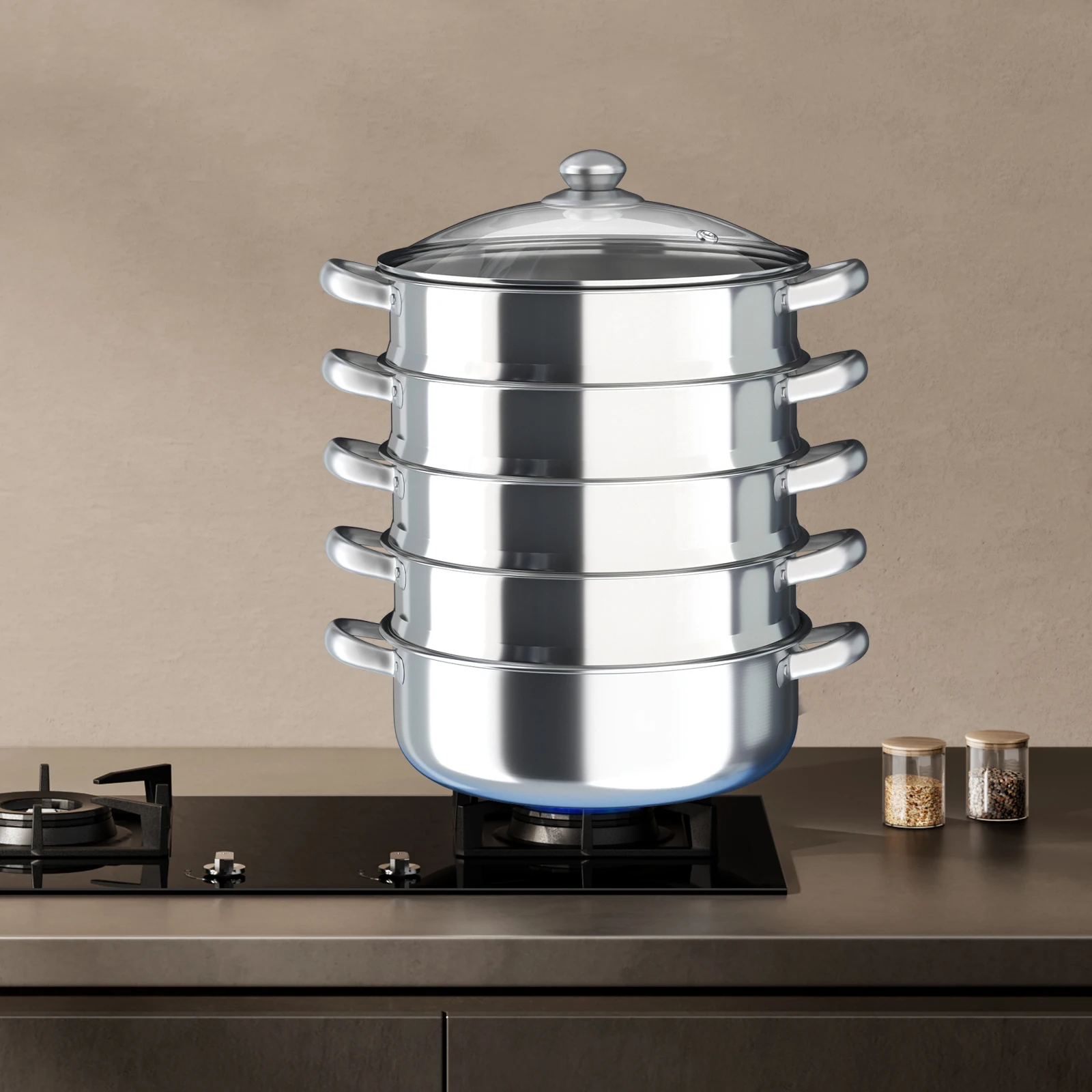 5-stöckiger Edelstahl-Dampfgarer 30 cm Durchmesser Lebensmittel-Dampfgarer Stapelbar Dim Sum Kocher für Gas- & Induktionskochfelder Image