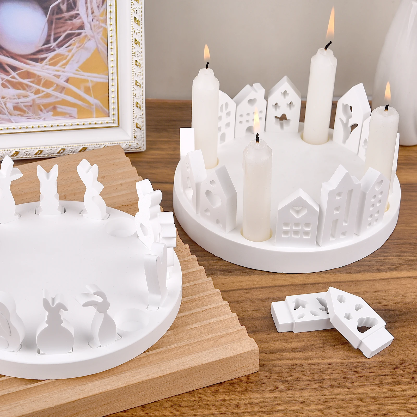 Hohl Haus Kaninchen Kerzenhalter Silikon Form DIY Schloss Ornamente Gips Zement Harz Handwerk Machen Form Hause Dekoration Geschenk Image