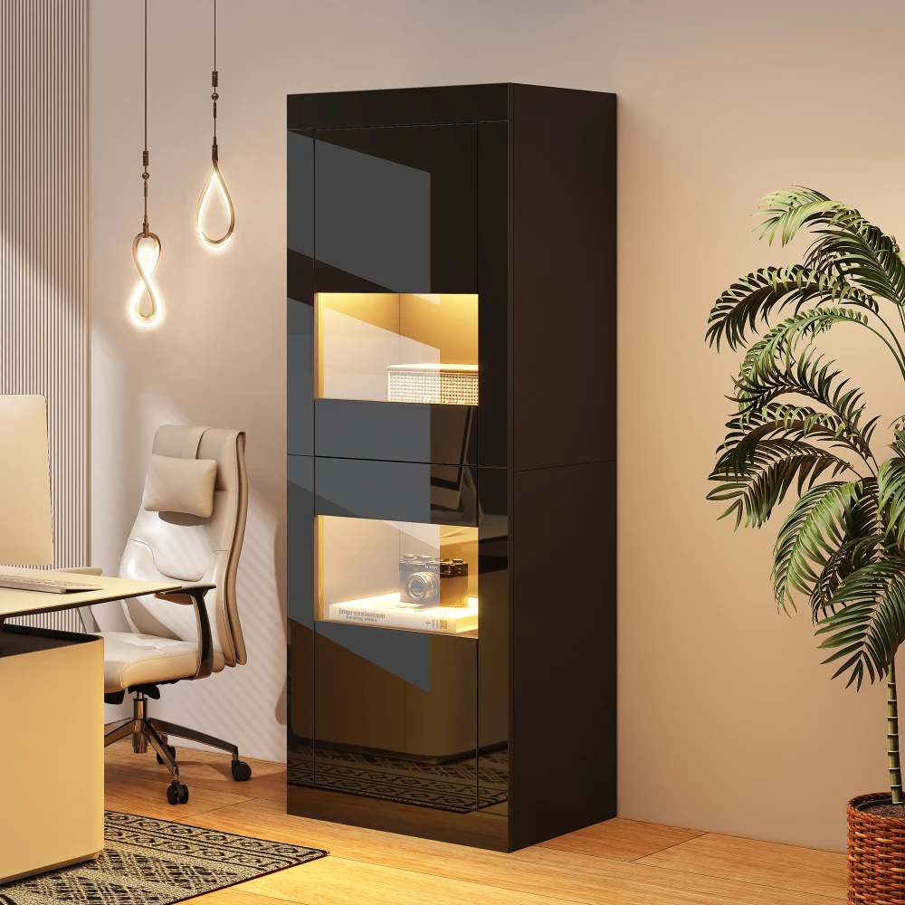 Moderner Hochglanz-Schwarzer Vitrinenschrank mit LED-Beleuchtung 1 Gehärtetes Glasregal Freistehende Vitrine Aufbewahrungsschrank