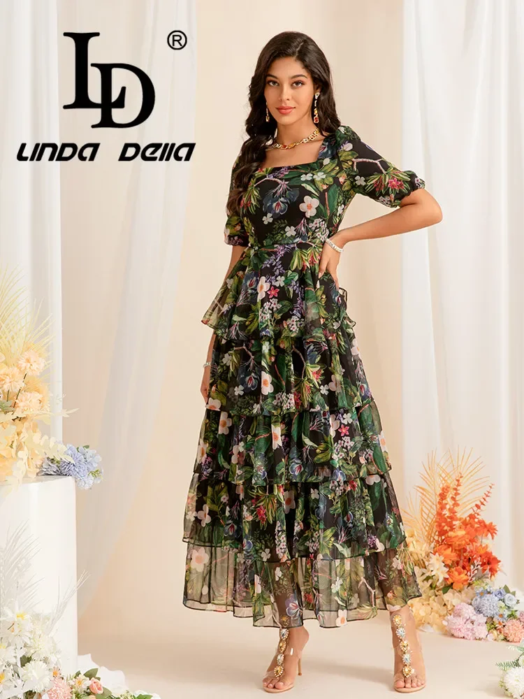 LD LINDA DELLA 2024 Sommer Neues Kleid mit Quadratischem Ausschnitt, Kurzen Ärmeln, Blumenmuster, Rüschen und Elegantem Langem Französischem Print Image