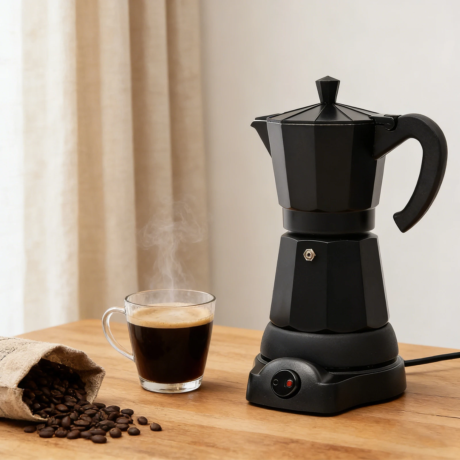 300ml Moka-Kanne, 480W Elektrische Kaffeemaschine, Automatische Espressomaschine für den Herd mit Ein-Tasten-Heizfunktion, für die Hausgebrauch, Schwarz Image