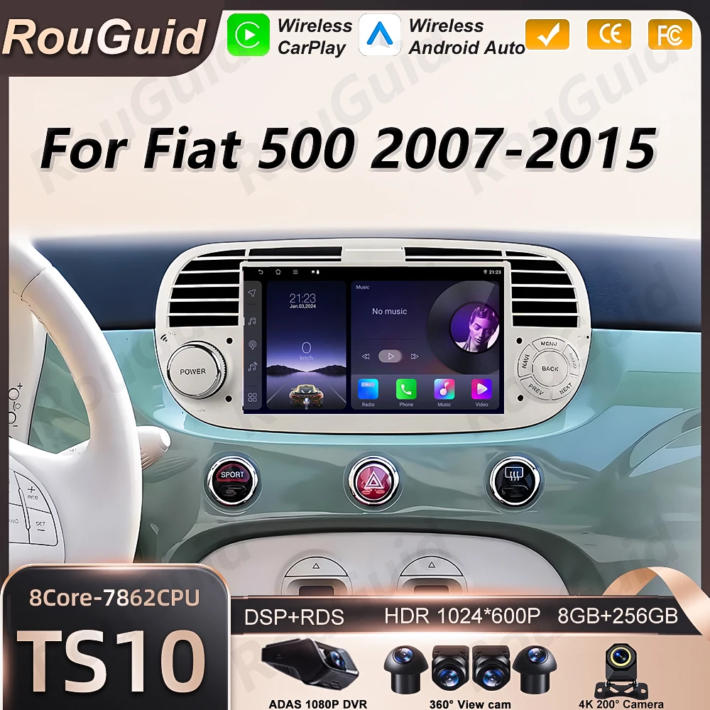 Autoradio Android 16 con Carplay per FIAT 500 2007-2015, Lettore Multimediale con Schermo Touch, Bluetooth, Wi-Fi 5G, Video, Stereo Auto RSD