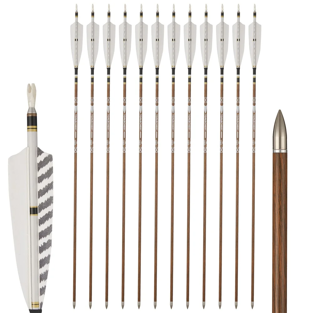 100 % reine Carbonpfeile, schwarz-weiß gestreift, echte Truthahnfedern, 32 Zoll Wirbelsäule 400–600 für Recurve-/Compoundbogen-Jagdpfeil Image